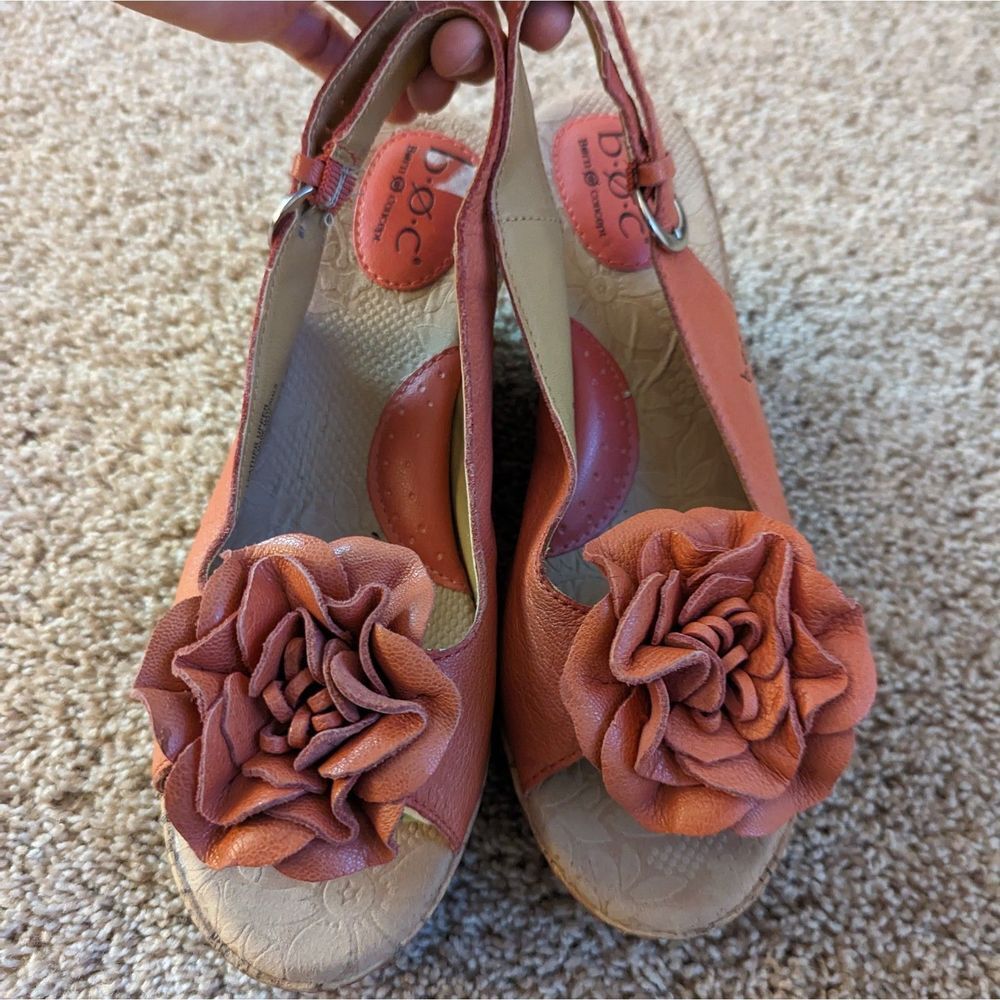 Born Concepts Pink Orange Leather Flower Slingback Peep Toe Cork Wedges